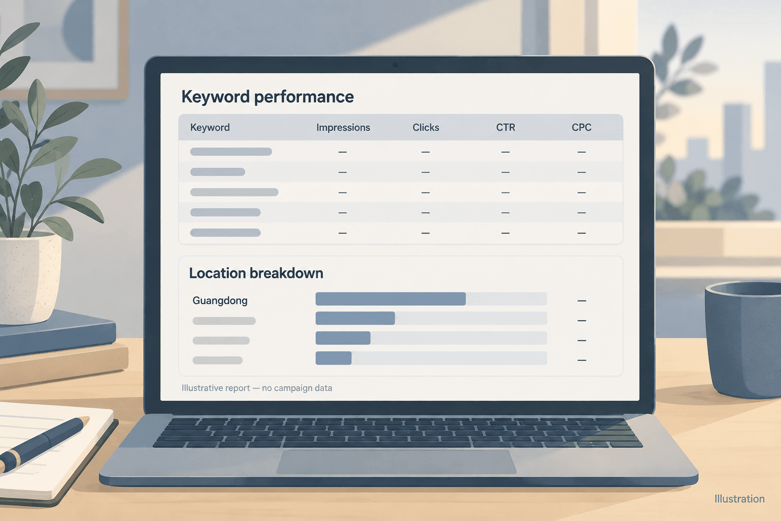 Illustrative keyword and location report without real campaign data