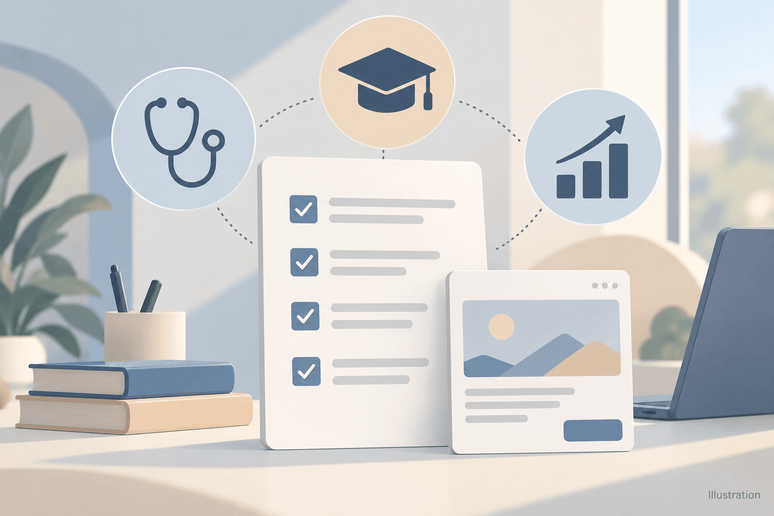 Illustration of healthcare, education and finance advertising review